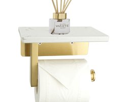 Toiletrolhouder met Plank Goud | Wandmontage Toiletpapierhouder met Wit Marmer Look Plank | Geborsteld RVS | Voor Badkamer & Keuken