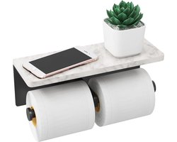 Toiletrolhouder met plank, nieuwe upgrade dubbele toiletrolhouder met opbergruimte, marmeren rol toiletpapier muurbevestiging voor badkamer, wasruimte (zwart)