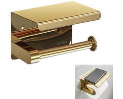 Toiletrolhouder met Plankje - 1 Stuks - Toiletrolhouder - WC Rolhouder - Planchet Badkamer - Zelfklevend - Zonder Boren - Voor badkamer, kast, toilet - RVS - Badkamer accessoires - Goud - 13,8 x 9,5 x 9,5 cm