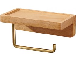 Toiletrolhouder met Plankje - WC Rolhouder Zonder Boren - Hout - Zelfklevend - Toiletpapierhouder - WC Rolhouder - WC Rolhouder met Plankje - hout kleur - 18cm