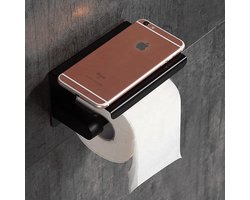 Toiletrolhouder met Plankje - Wc rolhouder - Zwart - RVS - Toiletrolhouder - Met Oplegplankje - Telefoonplankje - Badkamer accessoires - Wc rolhouder zwart