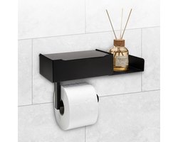Toiletrolhouder met Plankje - Zwart - Wc rolhouder met Opbergbakje - Schroeven of zonder Boren - Vochtig Toiletpapier Houder