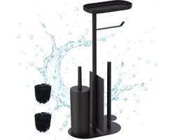 Toiletrolhouder staand - 65 cm - met reserverolhouder - toiletborstelhouder - zwart