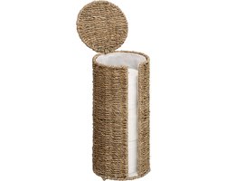 Toiletrolhouder van zeegras - Vrijstaande Toiletrolhouder - met Opslag voor 3 Rollen - Handgeweven Zeegras Wierpot en Badkamer Kastje - met Deksel - Decoratieve Toiletpapierhouder - met Stoffen Voering en Verhoogde Metalen Poten - Bruin