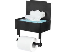 Toiletrolhouder - WC Rolhouder - RVS - Met beugels en bakje - Zelfklevend / Boren / Zonder Boren - WC Papier Houder - Closetrolhouder - Badkamer Accessoires - Voor keuken, badkamer en toilet - 20.5*13*16 cm - Zwart