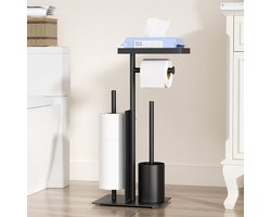 Toiletset met houder - WC borstel set - Badkamer Organisatie - Met glazen plank - Houdt 4 rollen - Mat zwart