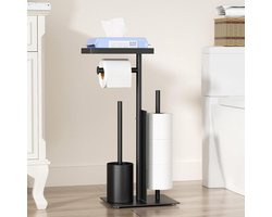 Toiletset met wc-borstel - Toiletgarnituur - Badkamer Organisatie - Met glazen plank - Houdt 4 rollen - Mat zwart