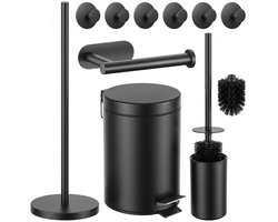 Toiletset Zwart 5-Delig - Zelfklevende Reserverolhouder & Vrijstaande Toiletrolhouder voor 5 Rollen - Toiletborstelhouder, Pedaalemmer en Handdoekhaakjes - Toiletaccessoireset