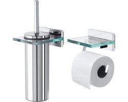 Toilettenborstel & Toilettenpapierhouder Set - Met Glazen Houder & Opbergplankje - Chroom
