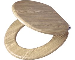 Toiletzitting hout toiletbril in natuurlijke houtlook met automatische sluiting, metalen bevestiging, 46,6 x 37,6 x 6 cm