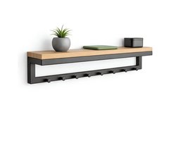 TOJ 8 Haaks Wandkapstok – 60cm - Muur / Wand Kapstok - Hangende Design Muurkapstok - Incl. Houten Plank - RVS - Mat Zwart