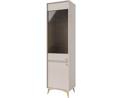 Tokio 101 hoge vitrinekast + LED verlichting - breedte 51,8 cm - hoogte 193,5 cm - beige kleur - metalen hoge poten - 2 deuren - met legplanken - woonkamer meubels