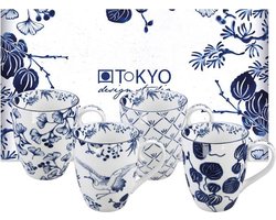 Tokyo Design Studio - Flora Japonica Mokkenset - 4 Stuks - Blauw/Wit - 380 ml