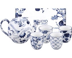 Tokyo Design Studio - Flora Japonica Tea Set 1200ml w/4 Cups 170ml - blauw / wit - porselein - in giftbox