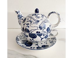 Tokyo Design Studio - Flora Japonica Theeset - Wit/Donkerblauw - 3-delig - Theepot en Theekop - Geschenkset