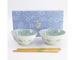 Tokyo Design Studio Fujisakura Tayo Bowl Giftset 2pcs w/chopsticks 15.2x6.7cm 500ml Green - Cadeauset van 2 kommen Made in Japan