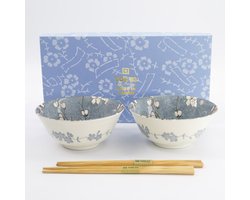 Tokyo Design Studio – Fujisakura – Tayo Kom Geschenkset 2 stuks met eetstokjes – 15,2×6,7 cm – 500 ml – Grijs