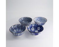 Tokyo Design Studio Hana Blue Tayo Bowl Giftset 4pcs 15x7cm 500ml Blue/White - Cadeauset van 4 kommen Made in Japan