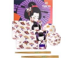 TOKYO DESIGN STUDIO- Kawaii Maiko Sushi Plate Giftset Set4 w/Chopsticks - sushiset voor 2 personen - Japanse kawaii Geisha - Cadeauset