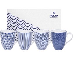 Tokyo Design Studio - Nippon Blue - Set van 4 Mokken 380 ml - Verpakt in Luxe Geschenkdoos