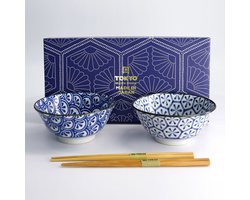 Tokyo Design Studio - Tayo Serviesset - 2 Kommen met Eetstokjes - 500 ml - Blauw/Wit