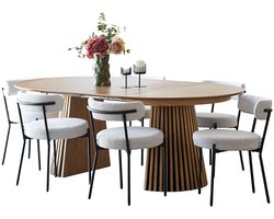 Tokyo eethoek eettafel incl. 2 verlengbladen Ø120x120-160-200cm eikenfineer en 6 stoelen bouclé wit.