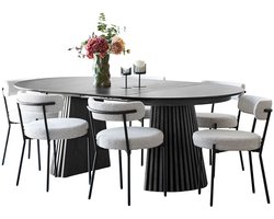 Tokyo eethoek eettafel incl. 2 verlengbladen Ø120x120-160-200cm zwart en 6 stoelen bouclé wit.