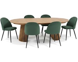 Tokyo eethoek eettafel natuur, 6 stoelen met groene velours bekleding.