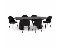 Tokyo eethoek eettafel zwart, 6 stoelen met zwarte velours bekleding.