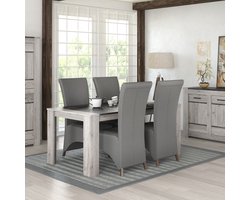 Tollebeek Eettafel - Rechthoekige eettafel voor 6 personen - Grijze houtlook - Donkergrijs marmer look tafelblad