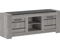 Tollebeek TV Meubel - TV Kast - Grijze houtlook - Donkergrijs marmer look bovenblad - 2 deuren en open vak met legplank - 155cm breed