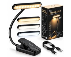 Tolvia LED Leeslamp - Boeklamp met Klem - 19 LED - 3 Lichtkleuren & 3 Helderheidsstanden - Oplaadbaar Boeklamp USB - Flexibele Nek - Zwart