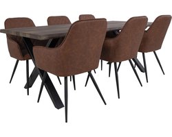 Tony eethoek , 1 eetkamertafel en 6 eetkamerstoelen, bruin en eik.
