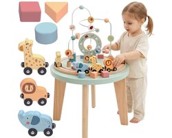 TOOKY TOY Activiteitentafel - FSC Hout - 7-Delige Speeltafel: Treinbaan en Kralenspiraal - Geschikt voor 2+ Jaar (Peuters) - Educatief & Montessori Speelgoed