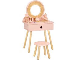 Tooky Toy Houten Kaptafel Rotan met Krukje – Inclusief 19-delige Accessoireset – Kinder Kaptafel met Spiegel en Lade – Roze – Rollenspel Speelgoed – FSC Hout – Vanaf 3 Jaar
