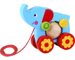 Tooky Toy Olifant Trekfiguur - Houten Speelgoed - Vanaf 18 Maanden - Blauw/rood