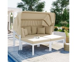 TOPMAX 3-delig ligbed voor op het terras met intrekbare luifel Zonnebank met metalen sectionele bank voor buiten Ligstoel wit