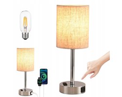 Touch Control Bedlamp - Driestanden Dimming - 3000K Warm Licht - Premium Linnen Kap - Verminderde Schittering - Zacht Licht - E27 Glazen Lamp - Gegalvaniseerde Zilveren Voet