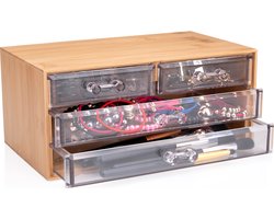 Touch Of Beauty Opbergbox - Make Up Organizer - Bamboe Organizer - 4 Transparante Lades - 13.8 x 23.7 x 11 cm - Bamboe/ Kunststof