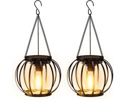 TOVBMUP Hangende buitenzonnelampen - 2-pack - Metalen zonnelantaarns geschikt voor buiten - met grote ledlampen - IP65 waterdicht - Decoratieve tuinverlichting - met haak en ketting - Geschikt voor patio's, gazons, balkons en tuinen