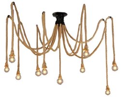 TOVBMUP Kroonluchter van henneptouw - DIY kroonluchter van henneptouw - Retro kroonluchter - Geschikt voor restaurant, slaapkamer, woonkamer, hoteldecoratie - 10 E27-fittingen - 2 meter lang