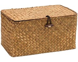 TOVBMUP Opbergbox - Opbergdoos - Voorraaddoos - Opbergmand - Organizer - Sorteerdoos - Met knoop - Met deksel - Rotan - 26*16*10CM