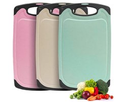 TOVBMUP Snijplankenset - 3-pack - Keuken snijplanken van tarwestro - BPA-vrij - Met sapgroeven - Gemakkelijk vast te pakken - Met ophanggaten - Antislip - Vaatwasserbestendig - Beige + Groen + Roze