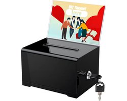 Tovbmup Zwarte donatiebox van acryl - voor fondsenwervende evenementen - 15,7 x 11,5 x 10,2 cm - suggestiebox met gleuf en slot - stembus van kunststof met bordhouder - Geschikt voor stembiljetten, donaties of kleingeld