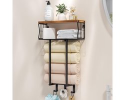 Towel Rack Wall Mounted - Multifunctional Bathroom Towel Storage Rack with Hooks - Ruimtebesparende Badkamer Handdoek Houder voor Badkamer Accessoires - Badkamer Opslag & Organisatie - Geschikt