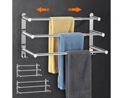 Towel Rail, No Drilling, 43-75 cm, Extendable Towel Rail, Self-Adhesive Bath Towel Holder, Wall 3-Tier Towel Rail with Hooks, Waterproof Rust Bath Towel, Towel Holder for Bathroom/Kitchen