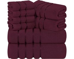 Towels 8-delige luxe handdoekenset, 2 badhanddoeken, 2 handdoeken en 4 washandjes, 97% ringgesponnen katoen zeer absorberend viscose streep handdoeken ideaal voor dagelijks gebruik (Bourgondië)
