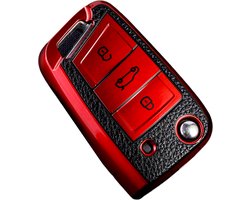 TPU Sleutelcover - Sleutelhoesje Geschikt voor Volkswagen Golf / Tiguan - Seat Leon / Ateca / Ibiza - Skoda Kodiaq / Octavia / Karoq - Metallic Rood en Zwart Leer - Flexibele Sleutel Cover - Zacht Hoesje - Auto Accessoires