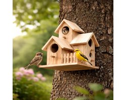 Traditioneel Houten Vogelhuis met 3 Ingangen - Nestkast voor Wilde Tuinvogels