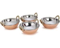 Traditionele Indiase serveerschaal koper roestvrij staal gehamerd Karahi Indiase gerechten en portie curry serveerservies voor huishouden en keuken (15 cm), 400 ml, set van 4